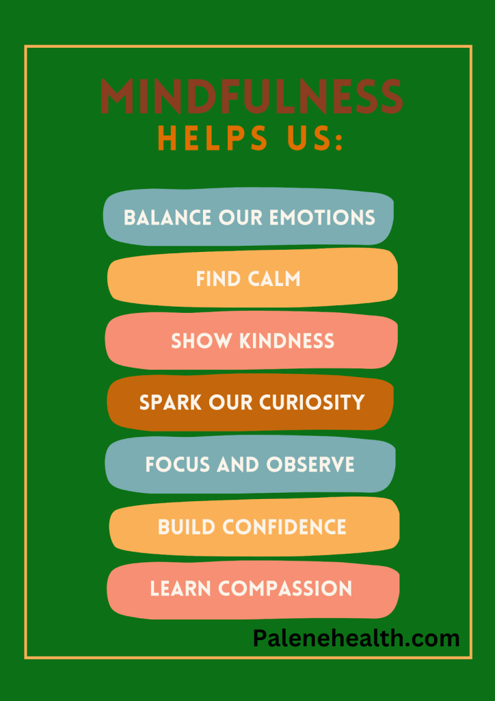 An infographic displaying the benefits of mindfulness in stress management, including improved focus, reduced anxiety, enhanced emotional regulation, and better overall well-being. The design features calming colors and icons representing relaxation, mental clarity, and emotional balance.