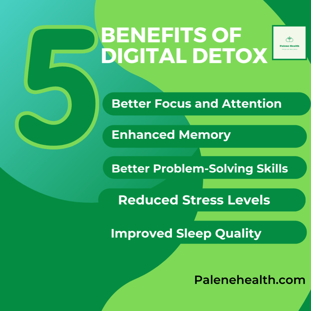  Infographic illustrating the five benefits of a digital detox: 1. Improved mental clarity and focus 2. Enhanced relationships through face-to-face interactions 3. Better sleep quality by reducing screen time before bed 4. Increased productivity with fewer distractions 5. Greater connection to nature and the present moment