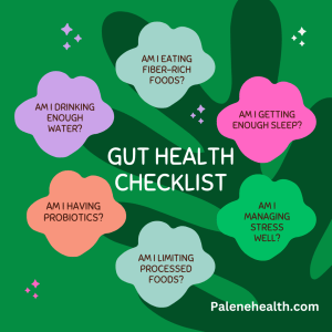  Infographic titled 'Gut Health Checklist' with questions to assess gut health, including: 'Am I consuming enough probiotics?' 'Do I eat fibre-rich foods regularly?' 'Am I staying hydrated?' 'How am I managing stress?' 'Am I getting adequate sleep?' 'Do I use antibiotics only when necessary?' Each question is accompanied by relevant icons and a clear, readable layout.

